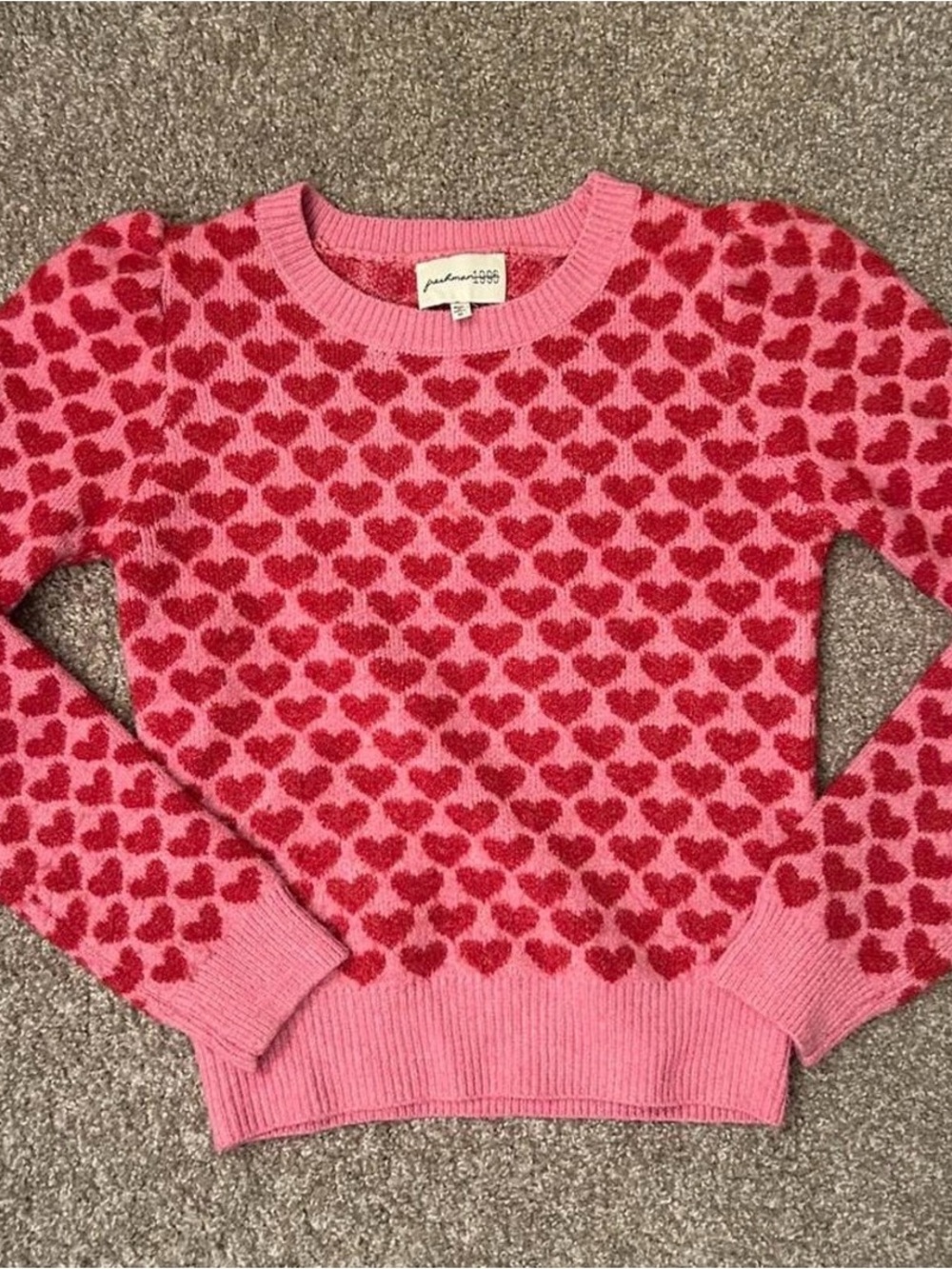 Freshman Pink Crewneck Sweater with Red Heart Pattern